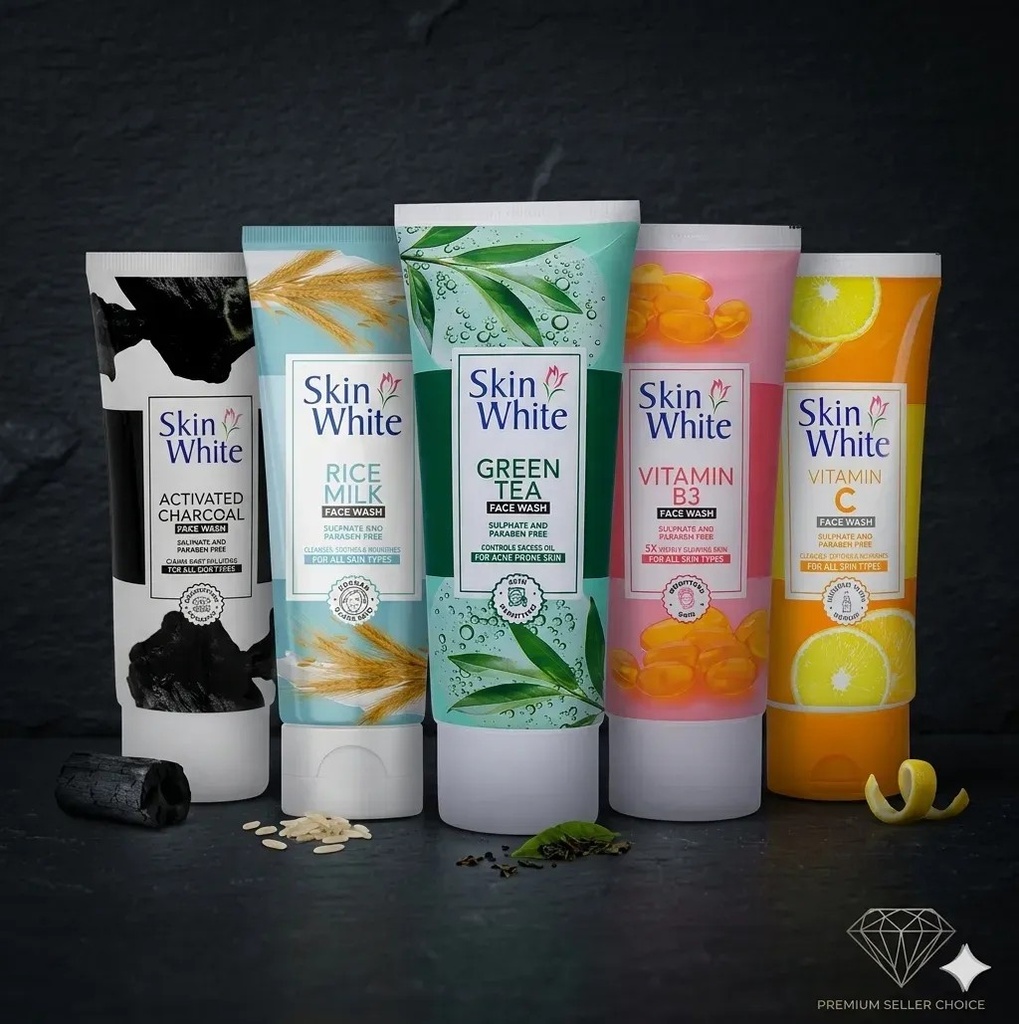 [MZ2478200063ZKCS] Skin White Face Wash Range - Activated Charcoal, Vitamin C, Rice Milk & Green Tea
